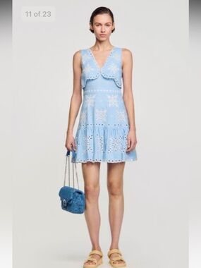Sandro Pale Blue Eyelet Embroidered V‑Neck Dress